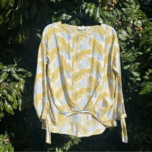 PATRIZIA LUCA white yellow‎ tropical leaf print boat neck long sleeve blouse